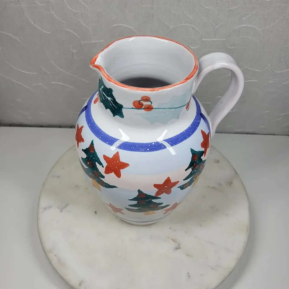 Pier 1 Italian Ceramic Pitcher Hand Painted Christmas Trees Floral Stars